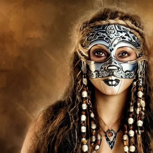 Prompt: A new dark hero for blockbuster movies. A blonde dreaded beauty with a mask of silver skulls, engraved with ancient and ultra-detailed patterns. Attractive eyes. A fearless smile. Blurred background. Earrings. Gold. Aztecs. Inca. Mexico.