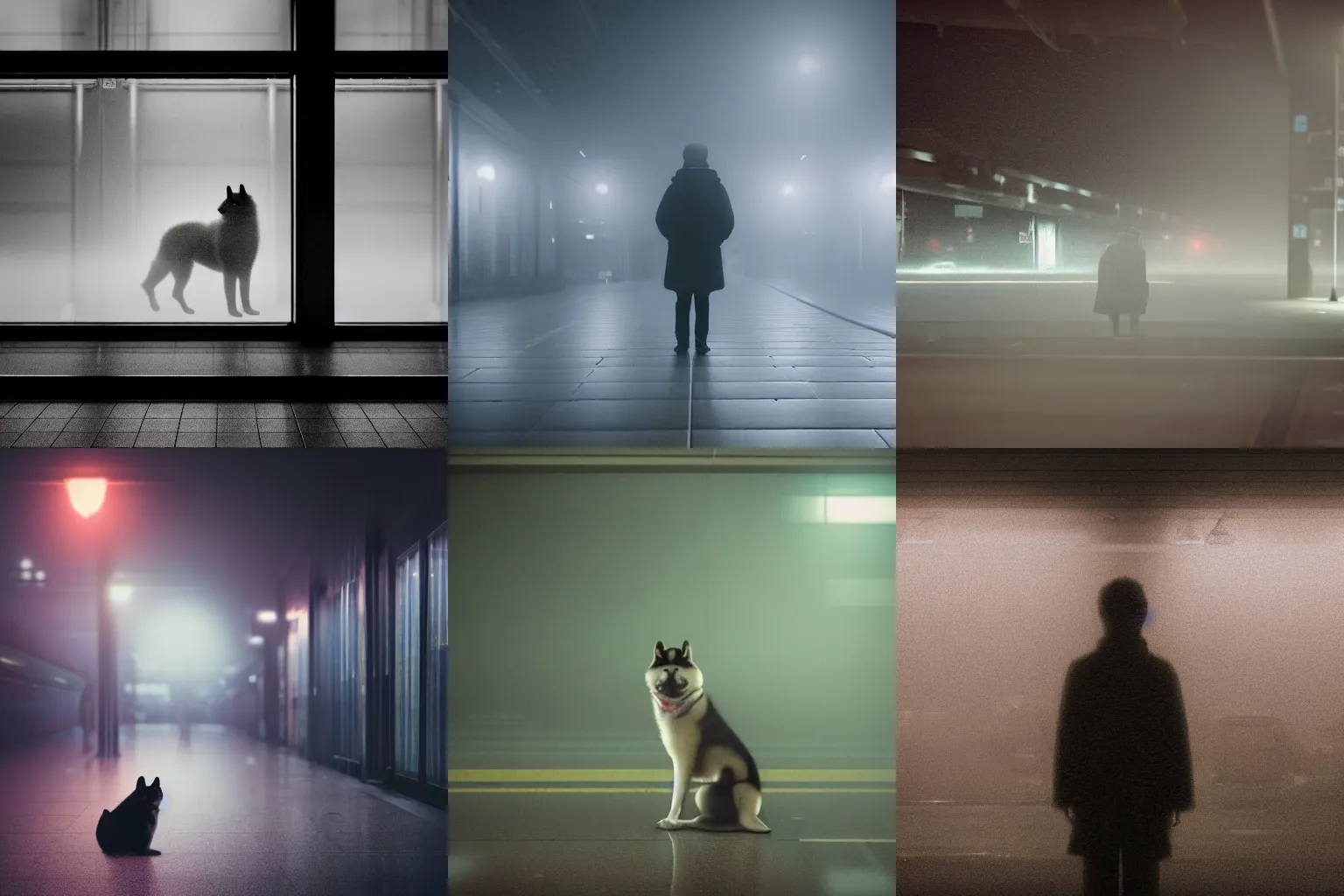 Prompt: high detail 35mm photo of a depressed akita inu waiting alone at an empty foggy train station, neon lights, lit from above, desolate, atmospheric, hazy, melancholic, autochrome, 8k, reflections, octane render, unreal engine 5