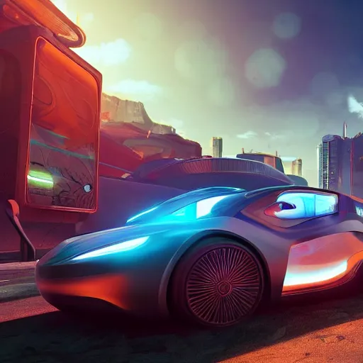 Image similar to futuristic car parked in front of a glowing sci-fi container in a pleasant urban setting, peaceful, majestic, a sense of hope, in style of apex legends, art station, ultra hd, soft light, overhead sun, ultra hd, art station