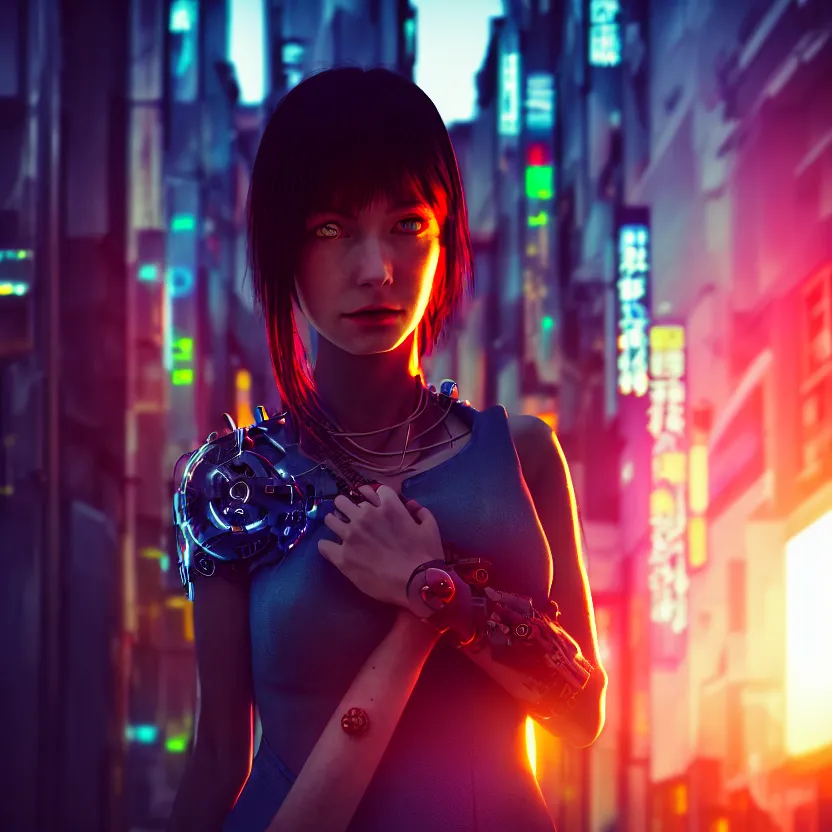 Image similar to a photo close up cyberpunk cyborg girl stands in a cyberpunk hiroshima, prefecture streets, sunset, photorealistic, cinematic lighting, very detailed, style by tomino - sama