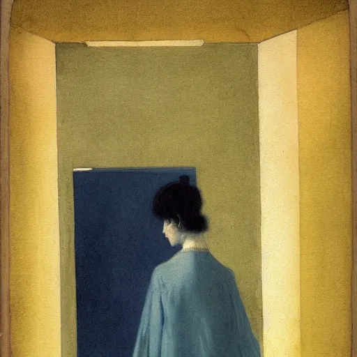 Image similar to close up of a girl in a blue and gold haunted liminal abandoned room, watercolor by goya, by hammershøi, art noveau, highly detailed, lights by edward hopper, liminal, eerie, bright pastel colors