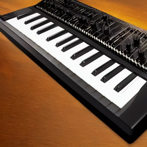 Prompt: old roland synthesizer played by bob moog, photorealism