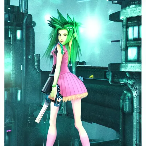 Prompt: final fantasy vii 7 aerith aeris, sci fi fantasy, blue pink green, night industrial environment