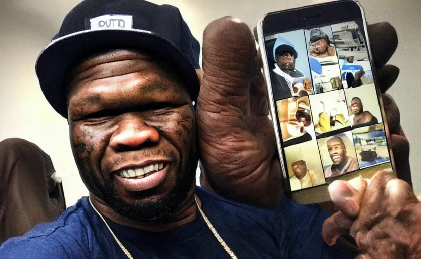 Image similar to portrait of my uncle look like 50 Cent if he was poor asf lmao, close-up, one person in frame, photo, not a selfie, portrait, uncomfortable, funny, phone quality, camera flash on, viral photo, viral on instagram