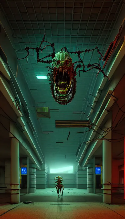 Image similar to biomechanical cybernetic monster creature in the dark abandoned mall, 3 d artwork by simon stalenhag tooth wu ande beeple