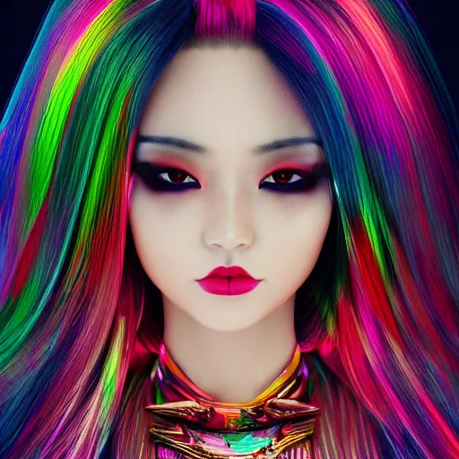 Prompt: japanese model with maximalist hair style and makeup, bright colors, fashion mode, portrait, gliter, depth of field, 8 k, hyper detailed, intricate, trending on artstation