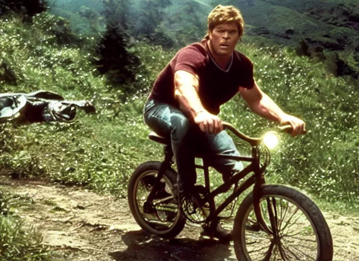 Prompt: film still of thanos as brand riding a small childrens bike down a steep mountain road in the goonies 1 9 8 5