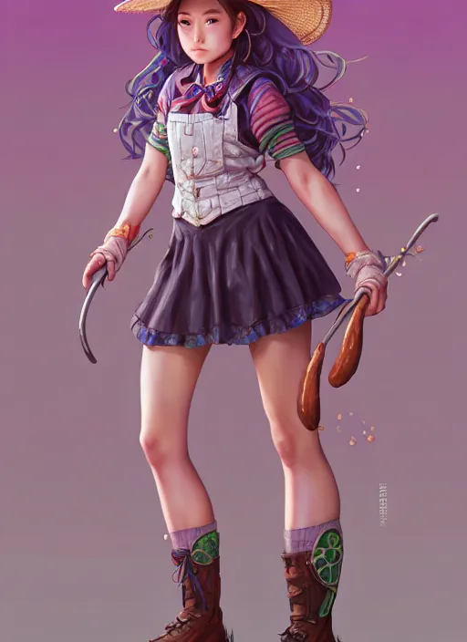 Image similar to full body portrait of a magical farmer girl. detailed face, concept art, intricate, highly detailed 8 k, smooth, sharp focus, beautiful and aesthetic shape of face and body, artgerm, artstation, art by zexi guo and nira and junpei suzuki and gharliera and rinotuna