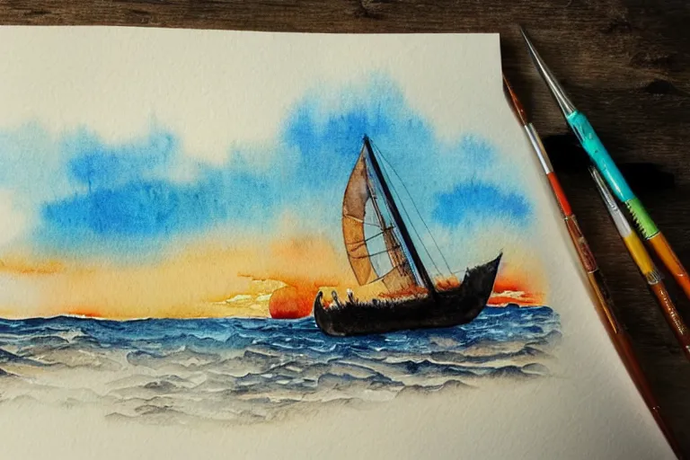 Image similar to Watercolor illustration of a viking ship against the sunset