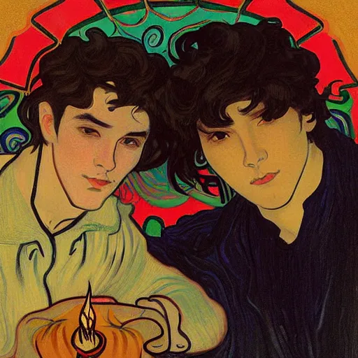 Image similar to painting of young cute handsome beautiful dark medium wavy hair man in his 2 0 s named shadow taehyung and cute handsome beautiful min - jun together at the halloween party, bubbling cauldron, candles, smoke, tarot, autumn colors, elegant, stylized, soft facial features, delicate facial features, art by alphonse mucha, vincent van gogh, egon schiele