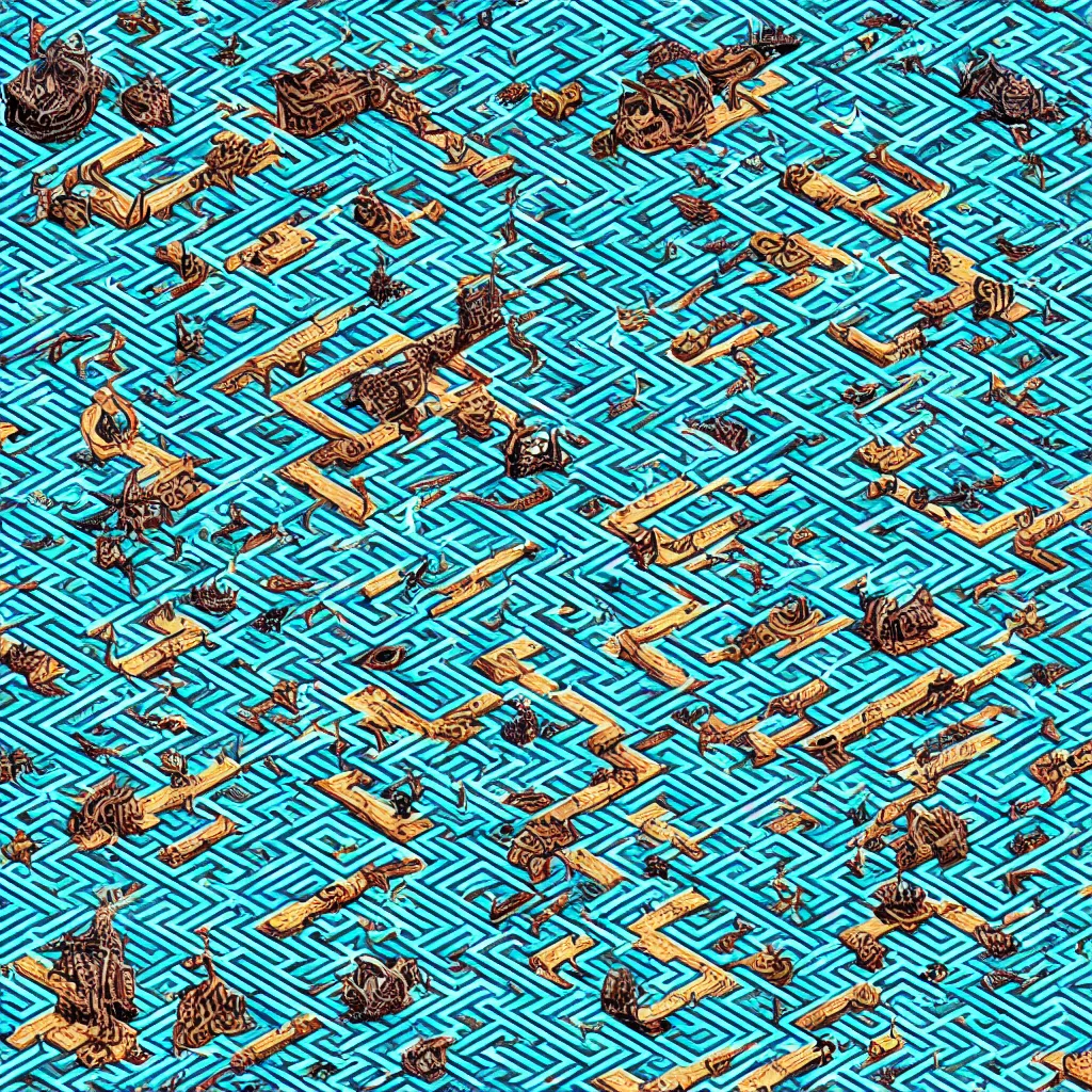 Prompt: wimmelbilder maze made ocean pirates attack kraken, isometric, very sharp, high contrast