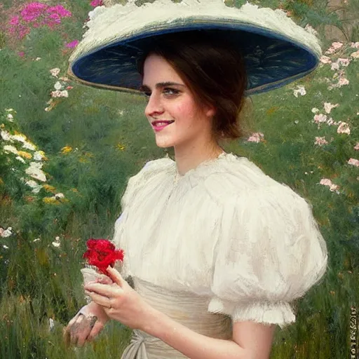 Prompt: thick paint brush strokes full body fashion model smiling emma watson by Jeremy Lipking by Hasui Kawase by Richard Schmid (((smokey eyes makeup eye shadow fantasy, glow, shimmer as victorian woman in a long white frilly lace dress and a large white hat having tea in a sunroom filled with flowers, roses and lush fern flowers ,intricate, night, highly detailed, dramatic lighting))) , high quality