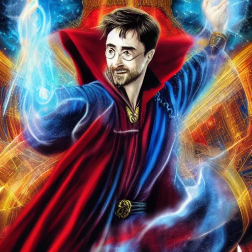 Prompt: Daniel Radcliffe as Doctor Strange, in the art style of Thomas Kinkade