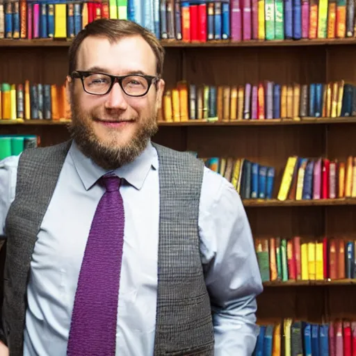 Prompt: a dignified beaver wearing glasses, a vest, and colorful neck tie. he stands next to a tall stack of books in a library.