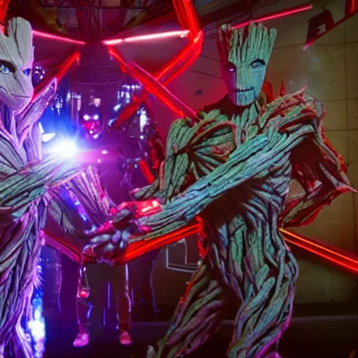 Prompt: groot and optimus prime dancing at techno party among people, wide shoot, after effect, ultra realistic