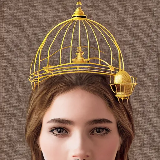 Prompt: girl with a birdcage on her head, symmetrical face, gold ornate details, ultra realistic concept art
