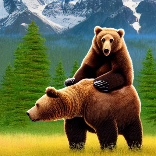 Prompt: the bob ross riding on the back of a brown bear, outdoor, hyperrealistic, shutterstock contest winner, digital art, national geographic photo