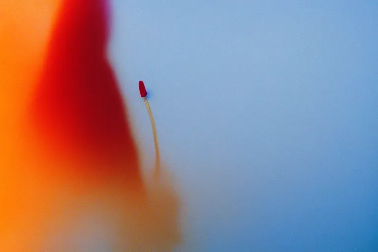 Prompt: film photography, minimalism, lips with smeared lipstick in in blue fog, low shutter speed, golden hour, 35mm, motion blur