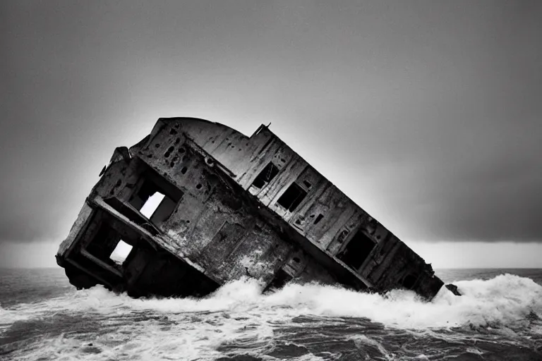 Image similar to danila tkachenko, low key lighting, a ship wreck near an abandoned high soviet apartment building in the middle of the stormy ocean, storm, lighning storm, crashing waves, dramatic lighting