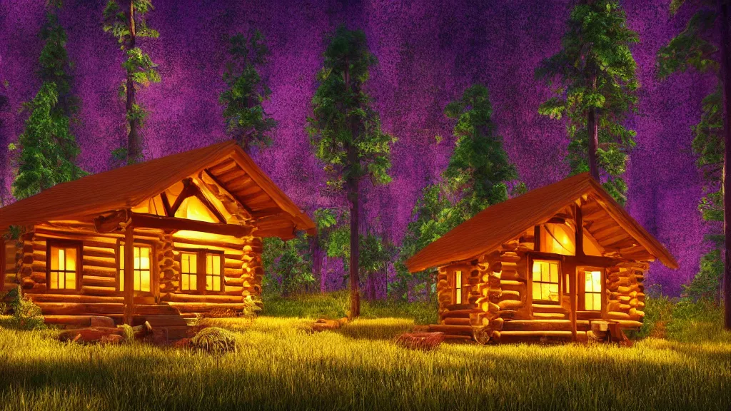 Prompt: portrait of an ethereal log cabin made of golden purple and green light, evergreen forest, divine, cyberspace, mysterious, dark high-contrast concept art, 3D render