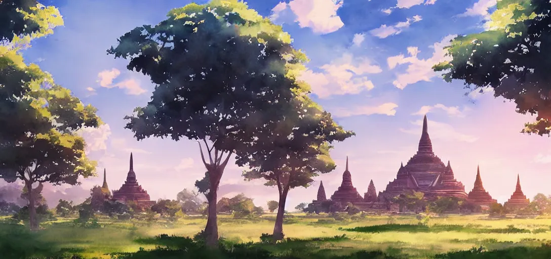 Prompt: sukhothai in the sunny day, watercolor, sukhothai in background, high quality realistic landscape, anime, romantic sky, volumetric lighting, art by makoto shinkai