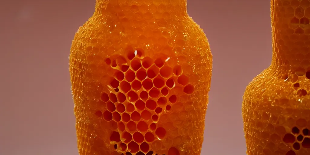 Prompt: real honeycomb vase with honey traditional design by tomas gabzdil libertiny, product design, film still from the movie directed by denis villeneuve with art direction by zdzisław beksinski, telephoto lens, shallow depth of field