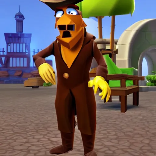 Image similar to screenshot of a humanoid inspector badger with a brown trenchcoat as an npc in spyro the dragon video game, with low poly playstation 1 graphics, upscaled to high resolution