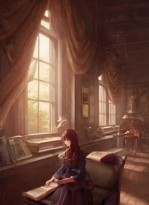 Image similar to a victorian maid with long flowing auburn hair in a reading room. By Makoto Shinkai, Stanley Artgerm Lau, WLOP, Rossdraws, James Jean, Andrei Riabovitchev, Marc Simonetti, krenz cushart, Sakimichan, trending on ArtStation, digital art.