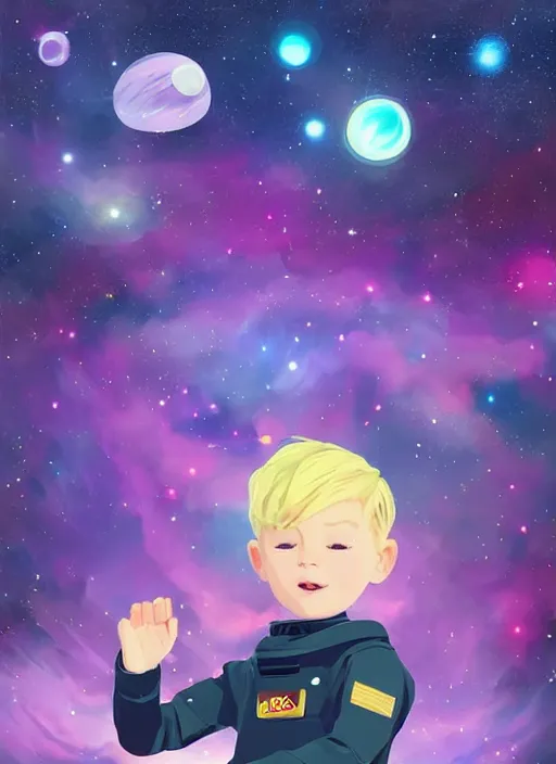 Prompt: little boy with short blonde hair. he is floating in space. he is wearing a space suit. background is a nebula. clean cel shaded vector art. shutterstock. behance hd by lois van baarle, artgerm, helen huang, by makoto shinkai and ilya kuvshinov, rossdraws, illustration, art by ilya kuvshinov