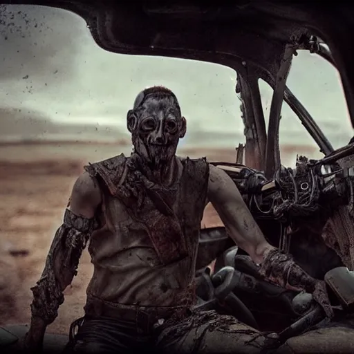 Image similar to ant humanoid, post-apocalyptic, mad max style, top cinematic lighting , cinematic mood, very detailed,