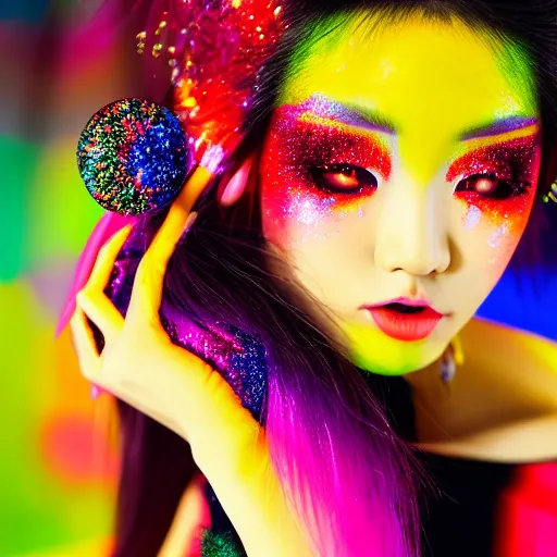 Image similar to japanese model with maximalist hair style and makeup, bright colors, fashion model, portrait shot, glitter, depth of field, 8 k, hyper detailed, intricate, trending on artstation