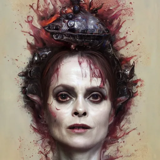 Image similar to expressive oil painting, alien dark fae girlboss based on helena bonham carter mixed with sigourney weaver, bumpy mottled skin full of blood and scars, ornate headpiece, body horror, by yoshitaka amano, by greg rutkowski, by jeremyg lipkinng, by artgerm, digital art, octane render