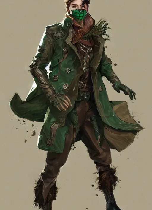 Prompt: a highly detailed illustration of thick wavy brown haired young white guy wearing brown detective trench coat and wearing dark green mask, with long mechanical arms on his back, dramatic standing pose, intricate, elegant, highly detailed, centered, digital painting, artstation, concept art, smooth, sharp focus, league of legends concept art, WLOP