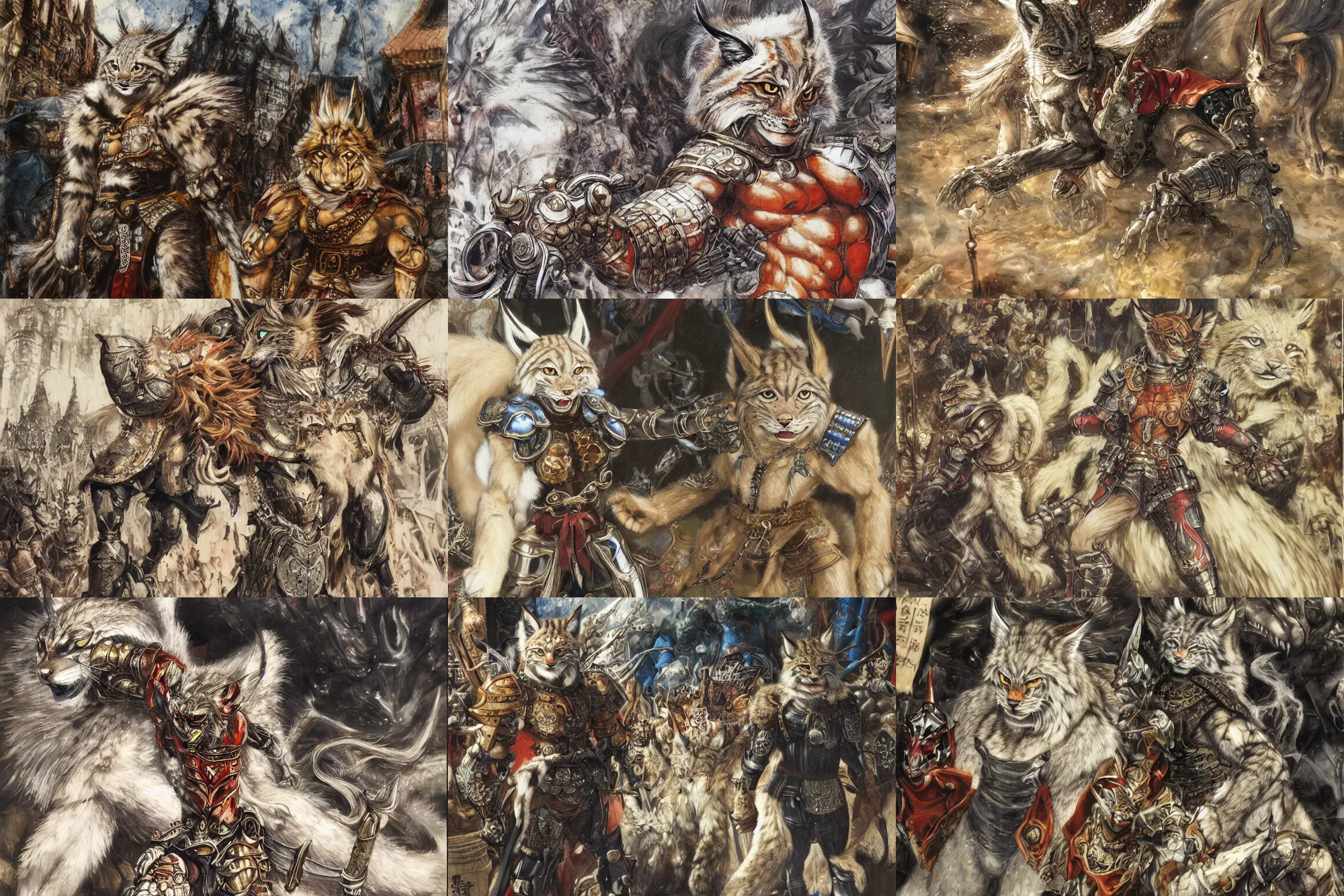 Image similar to 8k Yoshitaka Amano painting of upper body of a young cool looking lynx beast-man with white mane at a medieval market at windy day. Depth of field. He is wearing complex fantasy armors. He has huge paws. Renaissance style lighting.