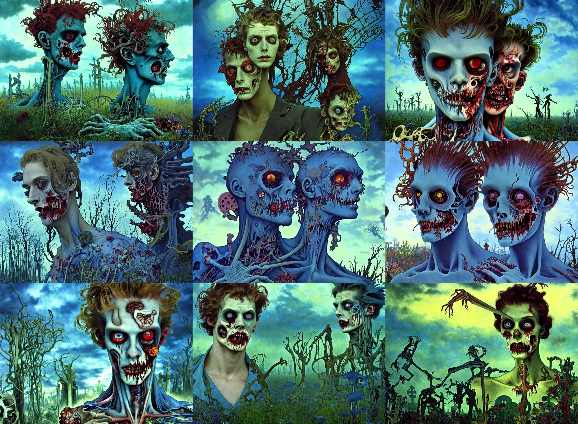 Prompt: realistic detailed portrait movie shot of an beautiful male zombie, futuristic graveyard landscape background by jean deville, amano, yves tanguy, alphonse mucha, max ernst, caravaggio, roger dean, masterpiece, rich moody colours, blue eyes