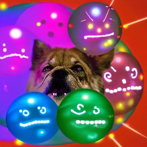 Image similar to inside a spherical atom, protons, electrons, neutrons, quarks glowing luminescent particles with happy dog faces floating inside