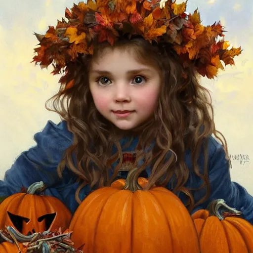 Image similar to a cute little girl with light brown wavy curly hair and blue eyes sitting amidst piles of pumpkins. beautiful cute highly detailed face. she is wearing a crown of autumn leaves. autumn and fall and halloween themed painting by artgerm and greg rutkowski and alphonse mucha.