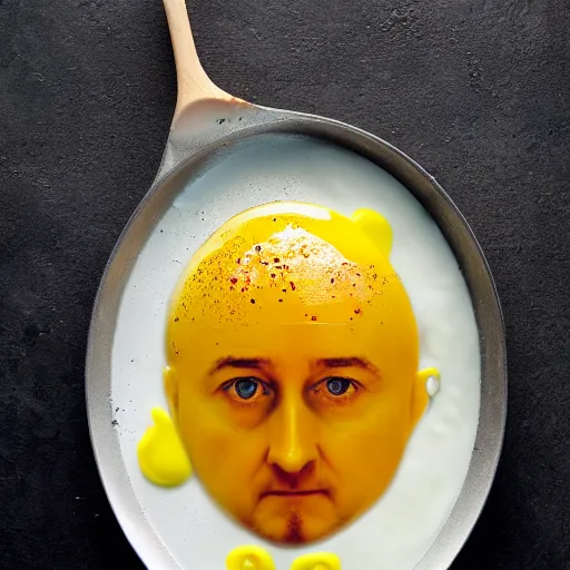 Image similar to an egg frying in a pan with edward norton's face in the yolk