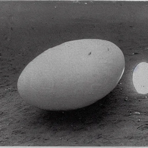 Prompt: an early 1 9 0 0 s photograph of an alien egg on the beach, moonlight, at nighttime,