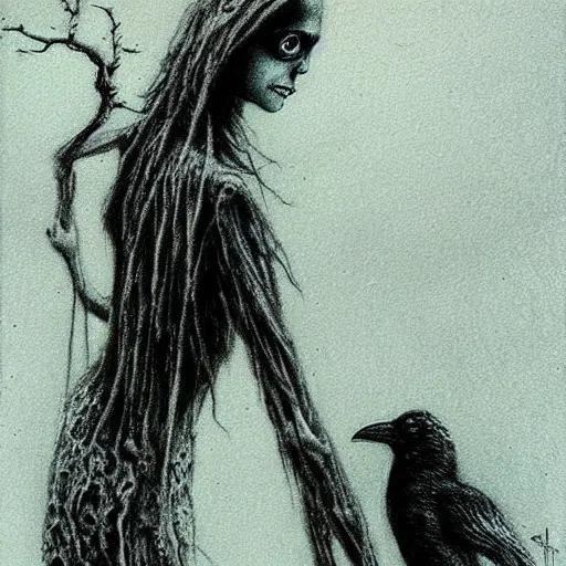 Prompt: grunge drawing of a crow by - Zdzisław Beksiński , corpse bride style, horror themed, detailed, elegant, intricate