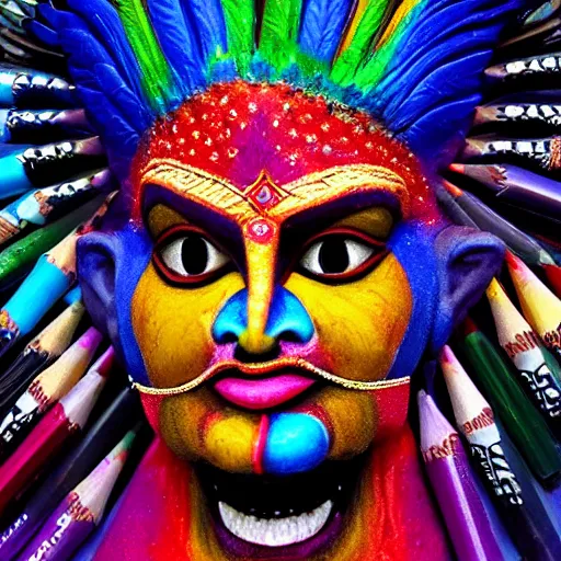 Prompt: photo of 8k ultra realistic Indian deity mouth filled with multi color crayons, clear sky, full of colour, cinematic lighting, battered, trending on artstation, 4k, hyperrealistic, focused, extreme details,unreal engine 5, cinematic, masterpiece, art by John Berkey