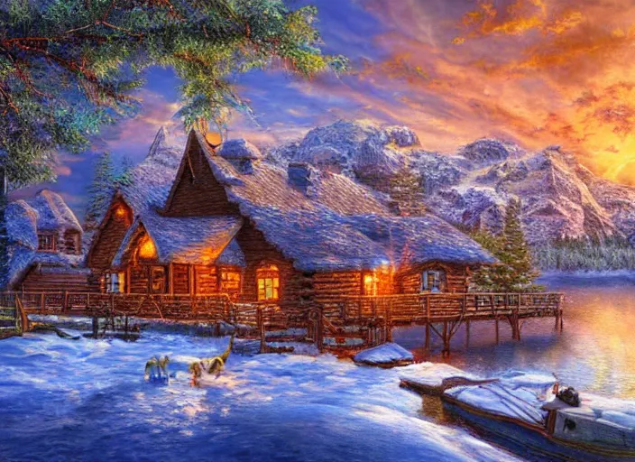 Image similar to beautiful cabin on a lake in the winter, 8 k, matte painting, in the style of artist, josephine wall