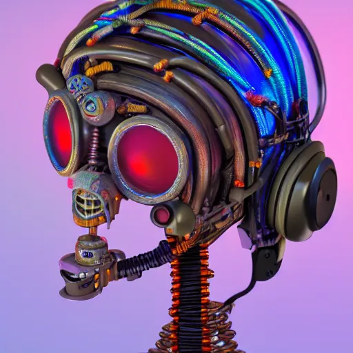 Prompt: a detailed claymodel of a dieselpunk rococo robot head wearing multicolored wires and headphone, 8 k, front view, symetrical, flourescent colors, halluzinogenic, multicolored, exaggerated detailed, front shot, 3 d render, octane