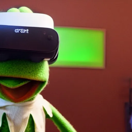 Image similar to Grainy 35mm photograph of surprised kermit the frog wearing VR, detailed