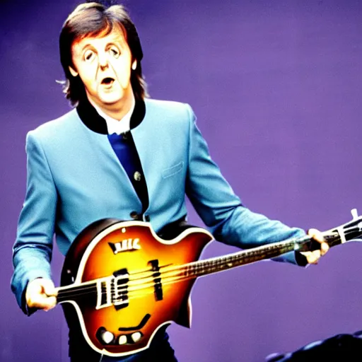 Image similar to Paul McCartney playing a Beatle guitar, 8k, high definition, highly detailed, photo-realistic