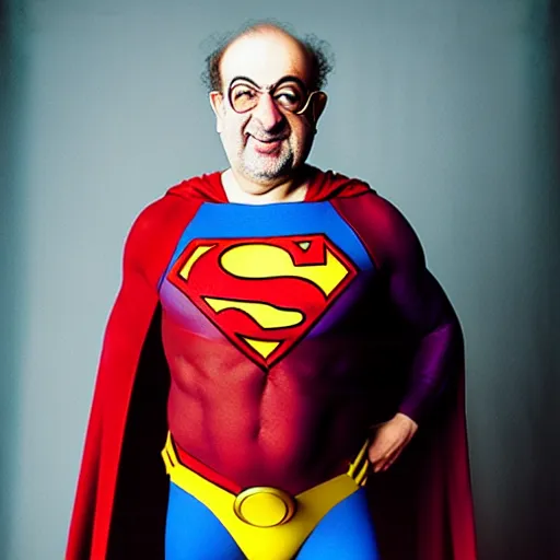 Image similar to kodachrome photographic portrait of author, salman rushdie as superman from the year 3 0 0 0, portrait by annie liebowitz