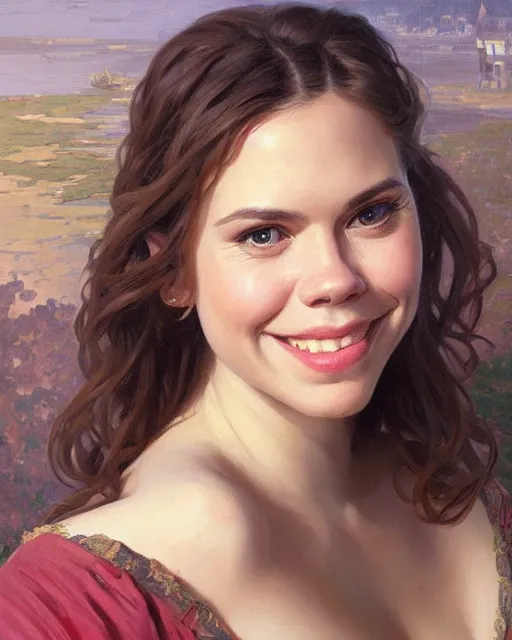 Prompt: a portrait painting of haley atwell / nicole de boer / sabrina lloyd hybrid oil painting, gentle expression, smiling, elegant clothing, scenic background, extremely detailed and lifelike, artgerm, greg rutkowski, alphonse mucha, vladimir volegov, adolphe bouguereaum, greg hildebrandt