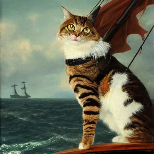 Image similar to a pirate cat sails his ship toward the gathering storm on the horizon, oil on canvas, 1 8 8 3, highly detailed