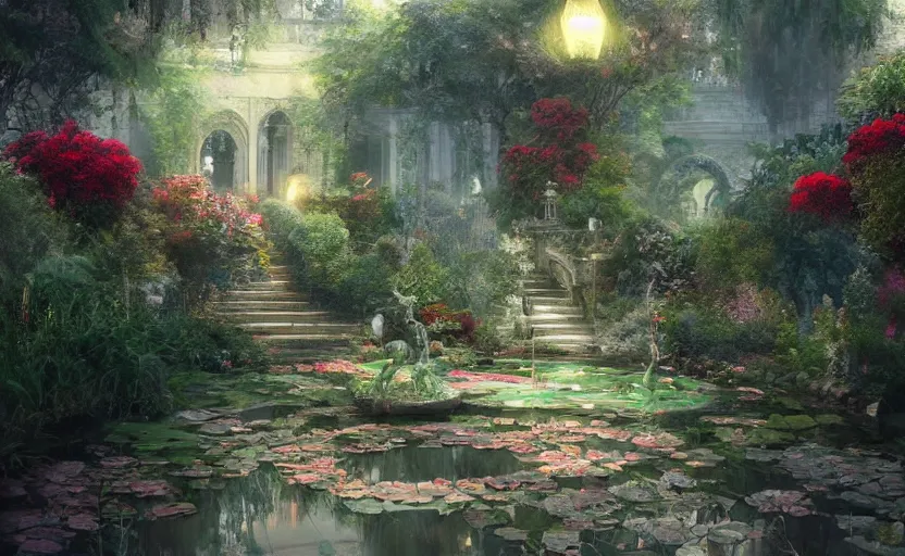 Prompt: Beautiful garden, next to a haven and a mystical palace, intricate, elegant, volumetric lighting, digital painting, highly detailed, artstation, sharp focus, illustration, concept art, ruan jia, steve mccurry