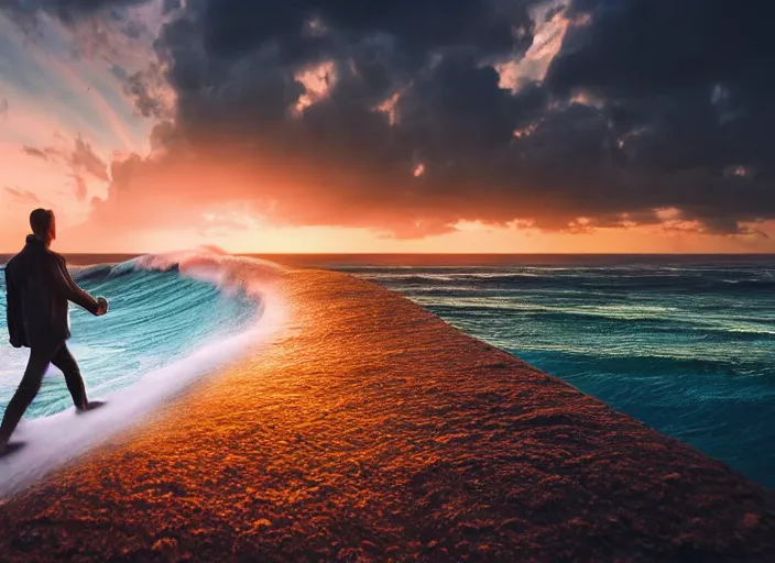 Prompt: a man walking in the middle of two giant wave walls at sunset, dreamy, matte painting, fancy lighting, complementary colours, high quality, highly detailed, godrays, calm, relaxing, beautiful landscape, serene landscape